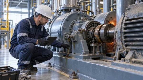 AI Image – Industrial maintenance technician inspecting heavy factory machinery to identify common causes of industrial machinery failure and prevent equipment downtime