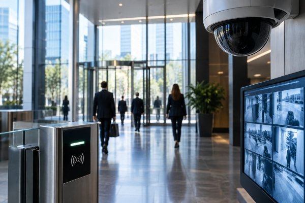 AI Image – Large company business security with access control, video surveillance and workplace monitoring systems
