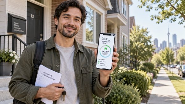 AI Image – Man outside a rental home using a rent rewards app to save toward homeownership
