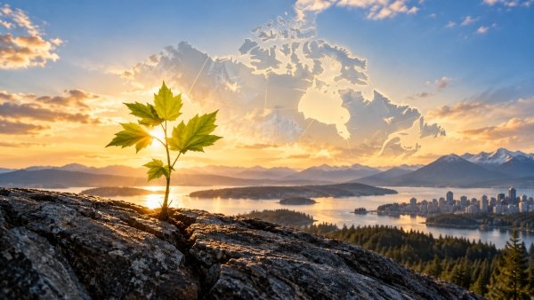 AI Image – Maple sprout with a glowing map of Canada at sunrise