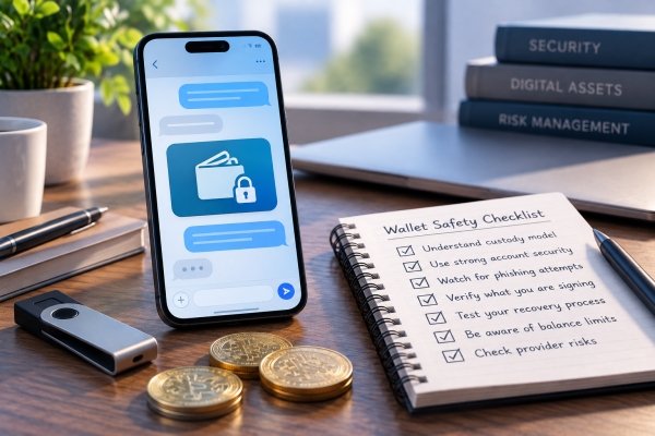AI Image – Secure digital wallet and messaging app concept with smartphone, hardware wallet, coins, and wallet safety checklist on a desk