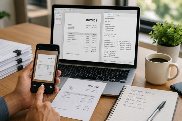 AI Image – Smartphone scanning an invoice to a Windows laptop with OCR text extraction and digital compliance document management