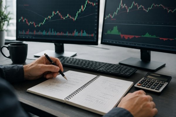AI Image – Trader reviewing futures trading strategies on charts with notebook and calculator