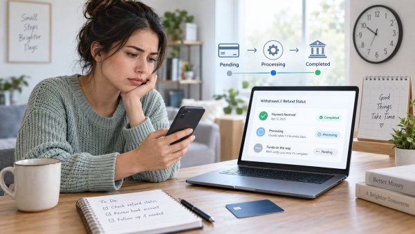 AI Image – Woman checking refund and withdrawal processing status on her phone and laptop with a digital payment dashboard showing pending, processing, and completed stages